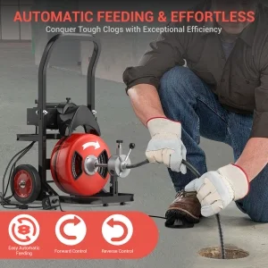 Drain Cleaner Machine 75Ftx1/2Inch,450W Portable Drain Cleaning Machine with 6 Cutters,Gloves,Portable Electric Drain Auger Cleaner for 2" to 4" Pipes