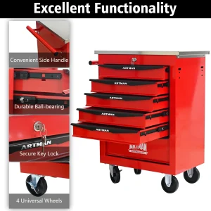 Tool Cabinets 4 Drawers Multifunctional Tool Cart with Wheels,Metal Rolling Tool Cart Storage for Garage Workshop Warehouse Repair Shop--With Stainless Steel Roof- Red&Black,Garage Tool Cabinets