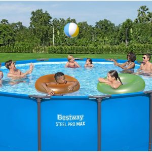Steel Pro MAX 14 Foot x 48 Inch Round Metal Frame Above Ground Outdoor Swimming Pool Set with 1,000 Filter Pump, Ladder, and Cover, Gray