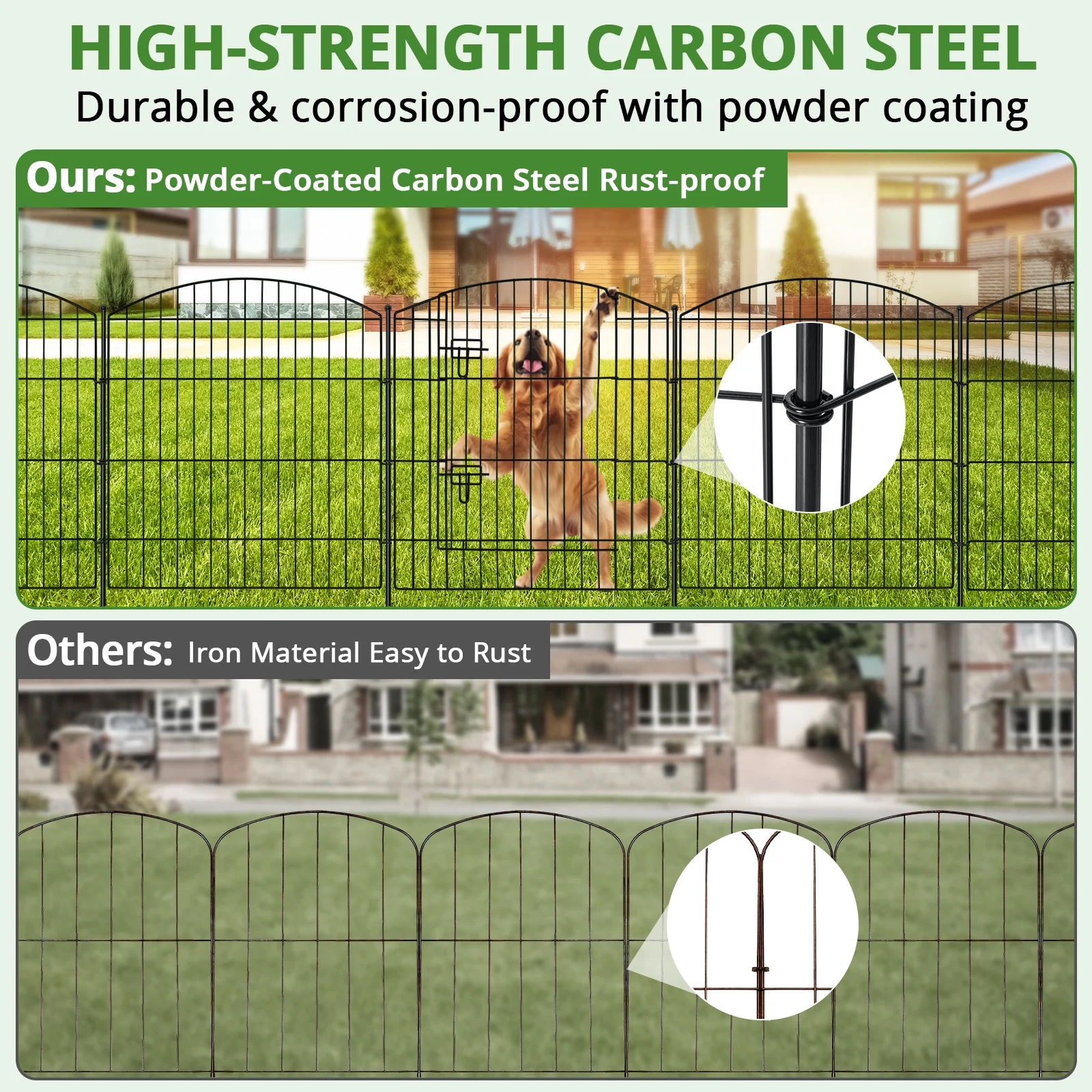 BSHAPPLUS® Garden Fence 10 Pack ,33in (H) x 24ft (L) Metal Fence,Rustproof Decorative Fence,Animal Wire Fence,Wrought Iron Fence, Outdoor Picket Fencing No-Dig for Yard, Lawn and Patio Borders