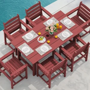 SERWALL 7-Piece Patio Table Set, Outdoor HDPE Dining Furniture with Umbrella Hole, All Weather Table and Chairs for Lawn, Garden, Poolside, Aruba
