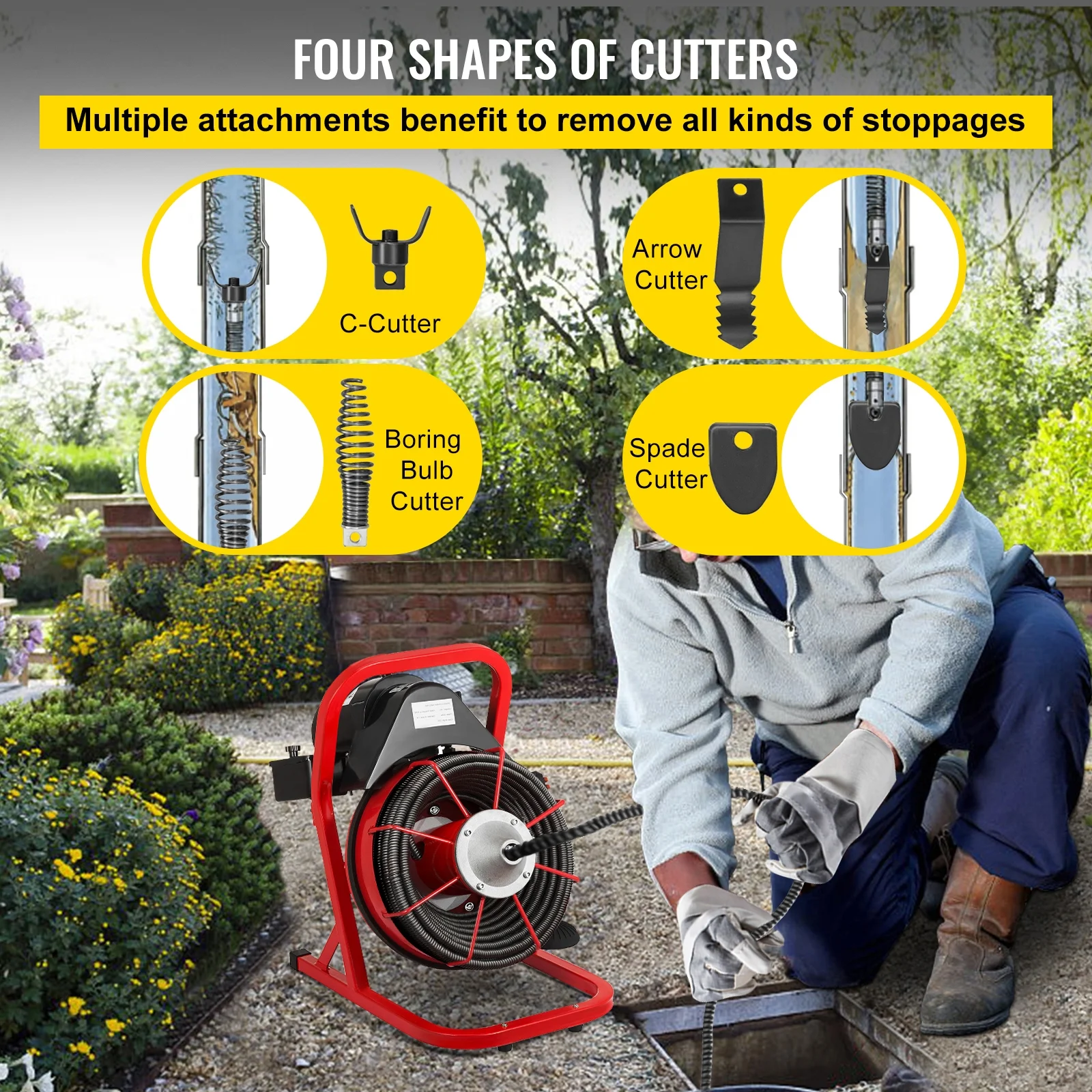 KFFKFF 50 Ft x 1/2 Inch Drain Cleaner Machine fit 1 Inch (25mm) to 4 Inch(100mm) Pipes Drain Cleaning Machine Portable Electric Drain Auger with Cutters Glove Drain Auger Cleaner Sewer Snake