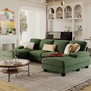 Furmax Sectional Couches for Living Room, U-Shaped Sofa Couch with Linen Fabric, 4 Seat Sofa Set with Double Chaise for Apartment (Fabric, Grey)