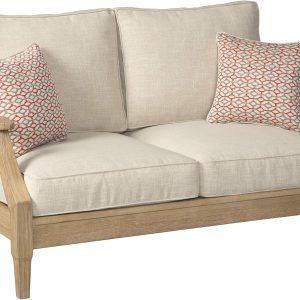 Signature Design by Ashley Clare View Coastal Outdoor Patio Eucalyptus Sofa with Cushions, Beige