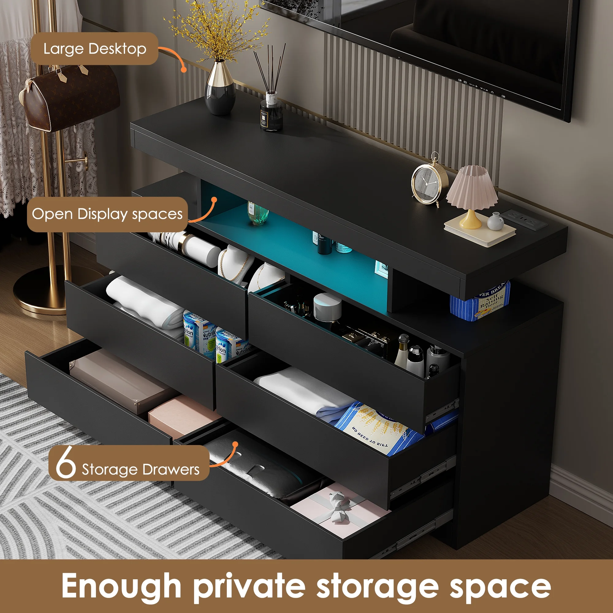 BEWISHOME Black 6-Drawer Dresser with LED Lights & Charging Station -C Modern Wood Storage Cabinet with Open Shelge Cabinet with Open Shelf, USB Ports & Outlets -C 47.24" Bedroom & Living Room TV Stand
