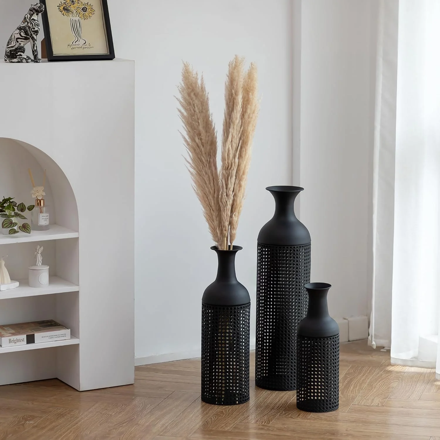Black Large Floor Vases: Tall Vases Floor Standing for Living Room 27/20/16in - Metal Tall Floor Vase Set of 3 - Modern Oversized Floor Vase for Bedroom Kitchen Fireplace Corner
