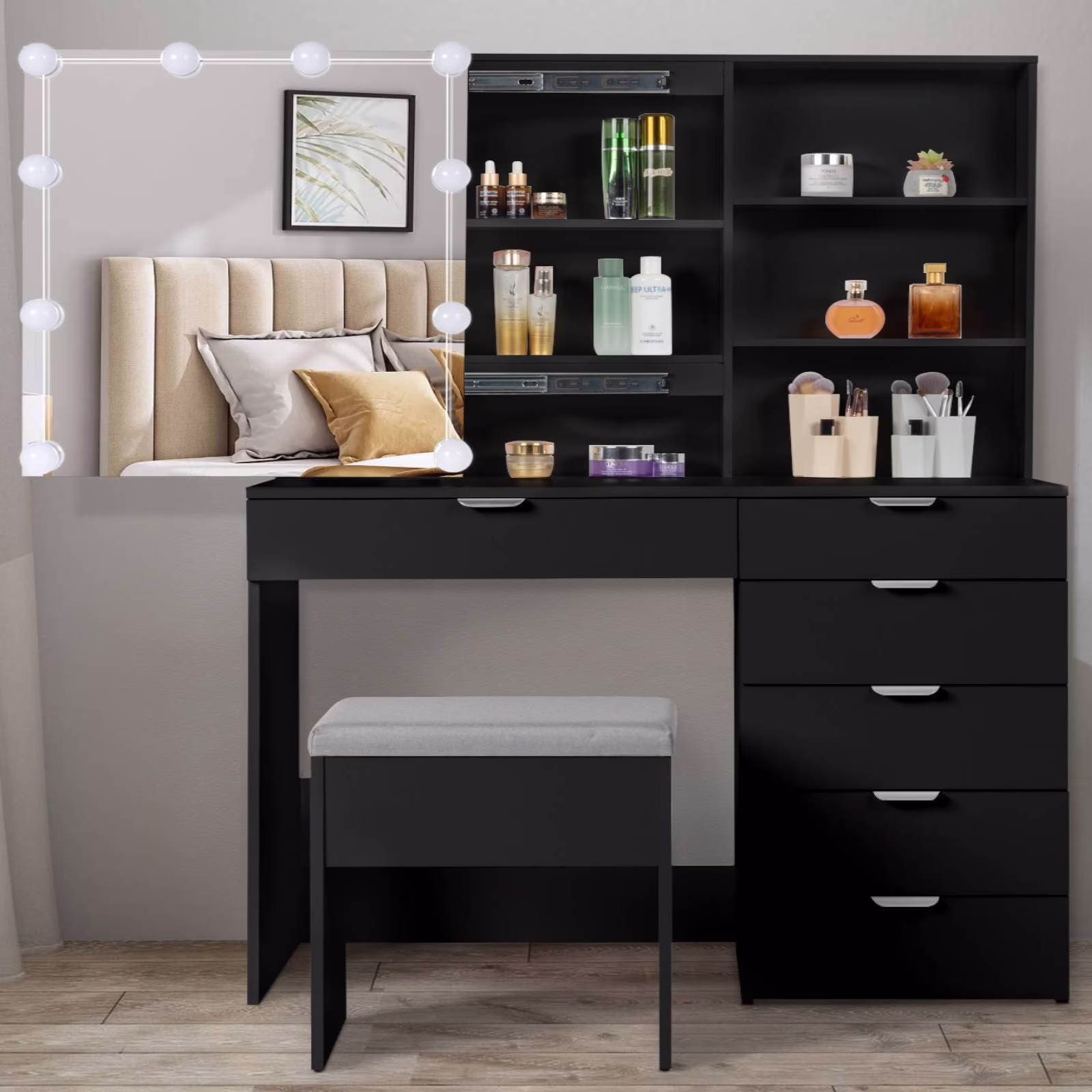 Ktaxon Vanity Set with 3 Color Lighted Mirror, Makeup Table with 6 Drawers, Dressing Table Makeup Desk with Stool, White