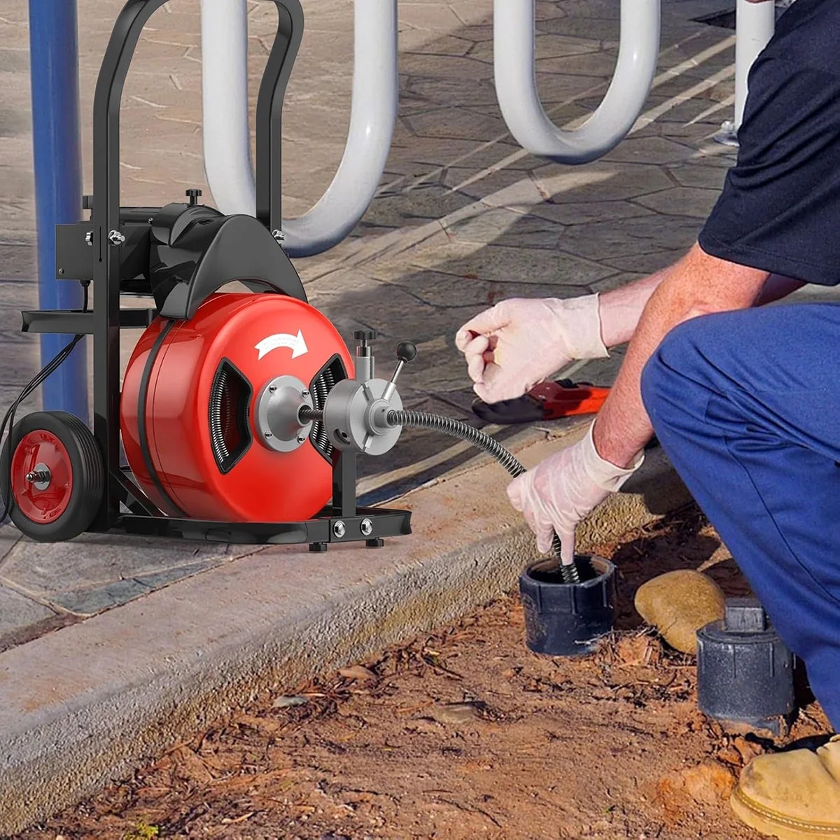 Kselythan 75 FTx1/2 Inch Drain Cleaning Machine, Auto Feed Sewer Snake Drill with Wheels, Pipe Spiral Cleaner with 4 Cutters and Pneumatic Foot Switch, for 2" to 4" Pipes