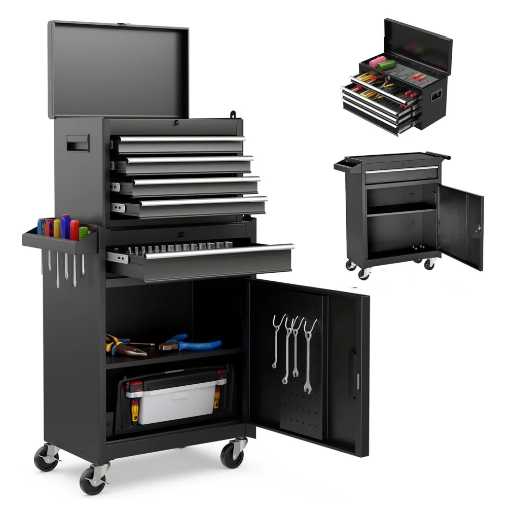 Heavy-Duty Metal Tool Storage Cabinet 5-Drawer Rolling with Detachable Top Box, Lockable Wheels & Adjustable Shelves, Secure Locking Mechanism, Space-Saving Design for Garage Workshop & Home Use
