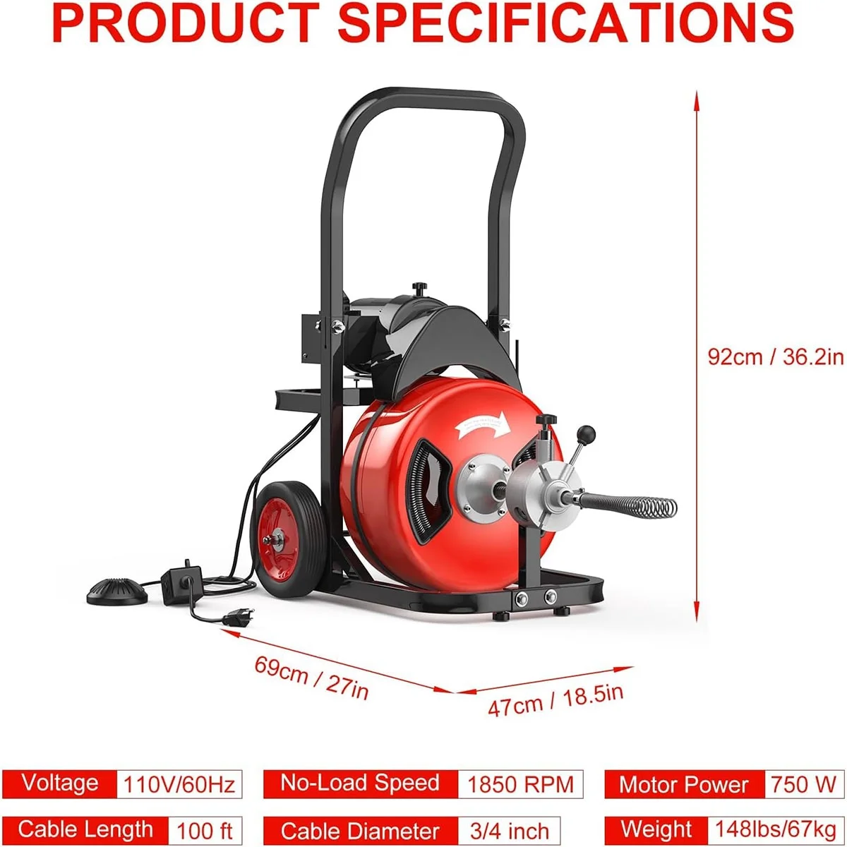 Kselythan 75 FTx1/2 Inch Drain Cleaning Machine, Auto Feed Sewer Snake Drill with Wheels, Pipe Spiral Cleaner with 4 Cutters and Pneumatic Foot Switch, for 2" to 4" Pipes
