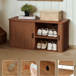 Putuo Decor Fluted Entryway Shoe Storage Bench with Adjustable Shelf, Shoe Rack Bench with Sliding Tambour Door for Living Room, Bedroom, Hallway, Walnut