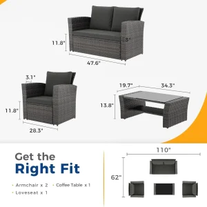 Wisteria Lane 4 Piece Outdoor Patio Furniture Sets, Wicker Conversation Set for Porch Deck, Grey Rattan Sofa Chair with Cushion Blue