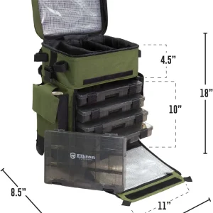 Elkton Outdoors Rolling Tackle Box with Wheels - Waterproof Rolling Fishing Backpack, 5 Removable Tackle Trays, 4 Rod Holders, Fishing Gifts for Men, Fish Tackle Bag, Roller Tackle Box