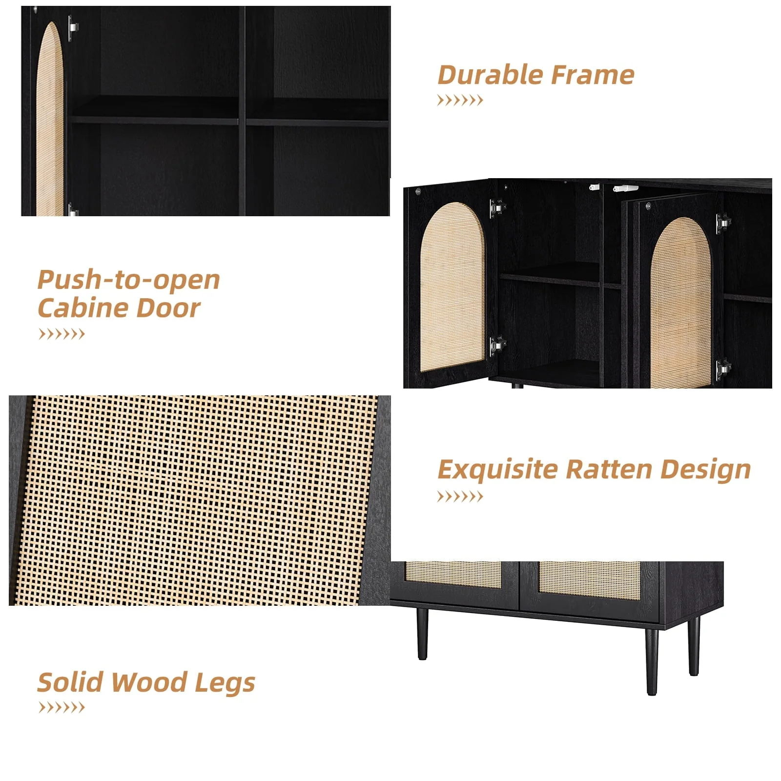 14 Karat Home 63" Wooden Sideboard 4 Doors Kitchen Storage Rattan Cabinet Living Room Adult Black
