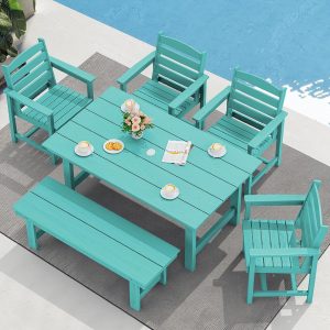 SERWALL 7-Piece Patio Table Set, Outdoor HDPE Dining Furniture with Umbrella Hole, All Weather Table and Chairs for Lawn, Garden, Poolside, Aruba