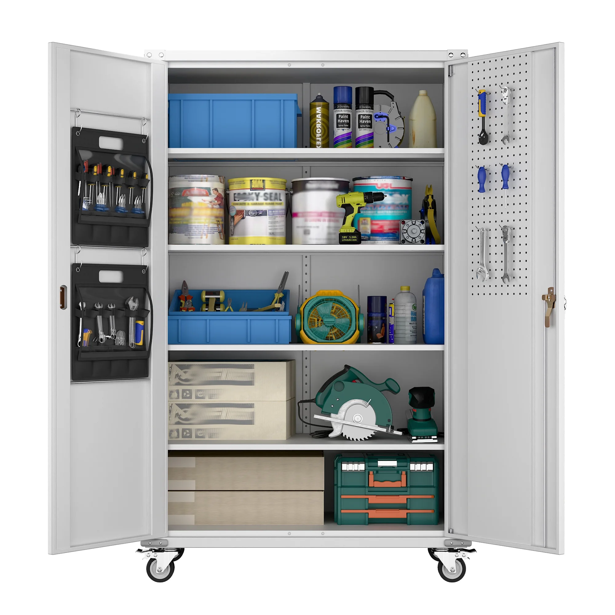 GangMei 71-Inch Metal Lockable Storage Cabinet with Pegboards and 5 adjustable shelves, White, Assembly Required