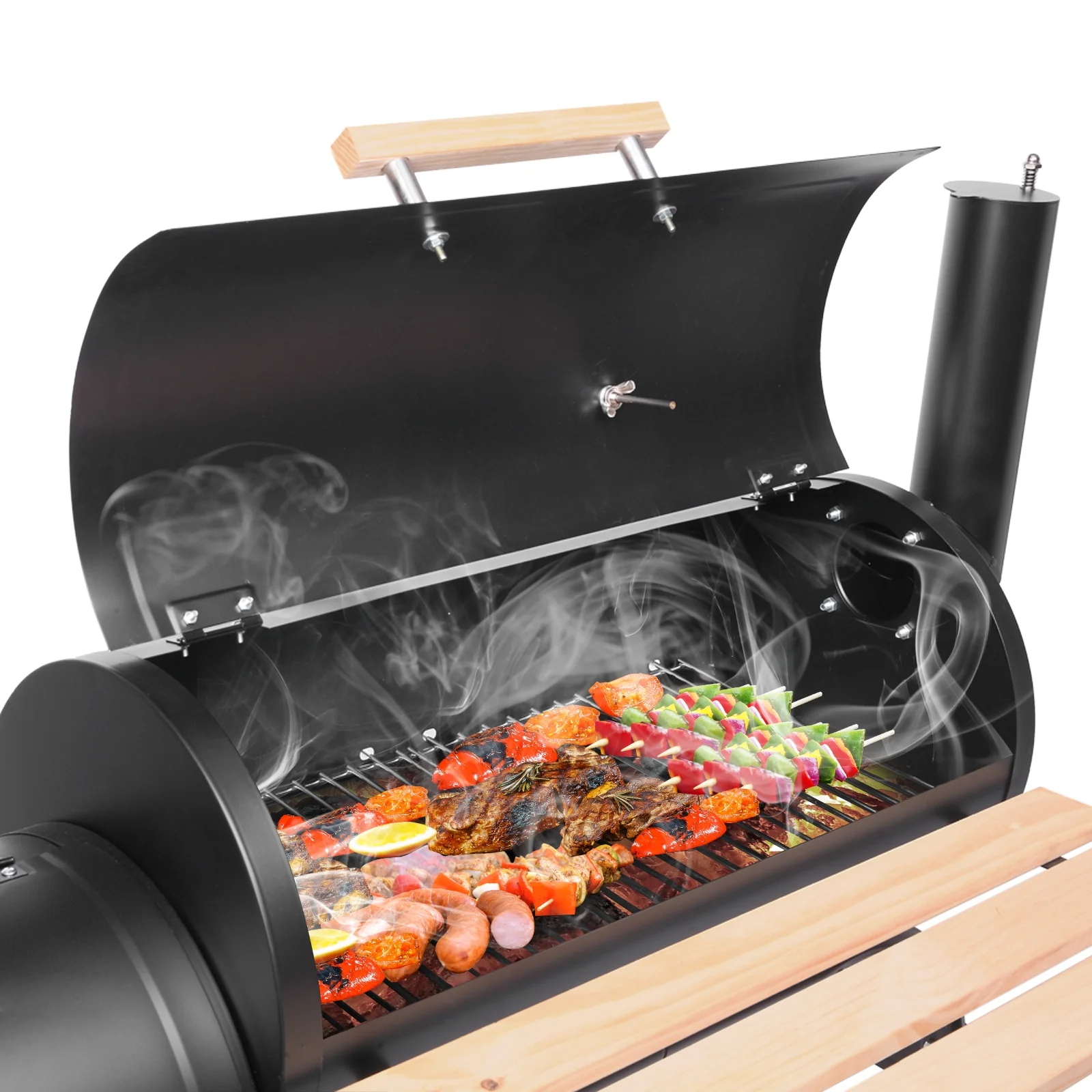 Clearance Charcoal Grill, Portable Oil Drum Charcoal Furnace with Stainless Steel BBQ Smoker, Wood Shelf, Thermometer, Wheels, for patio, Pool, Camping