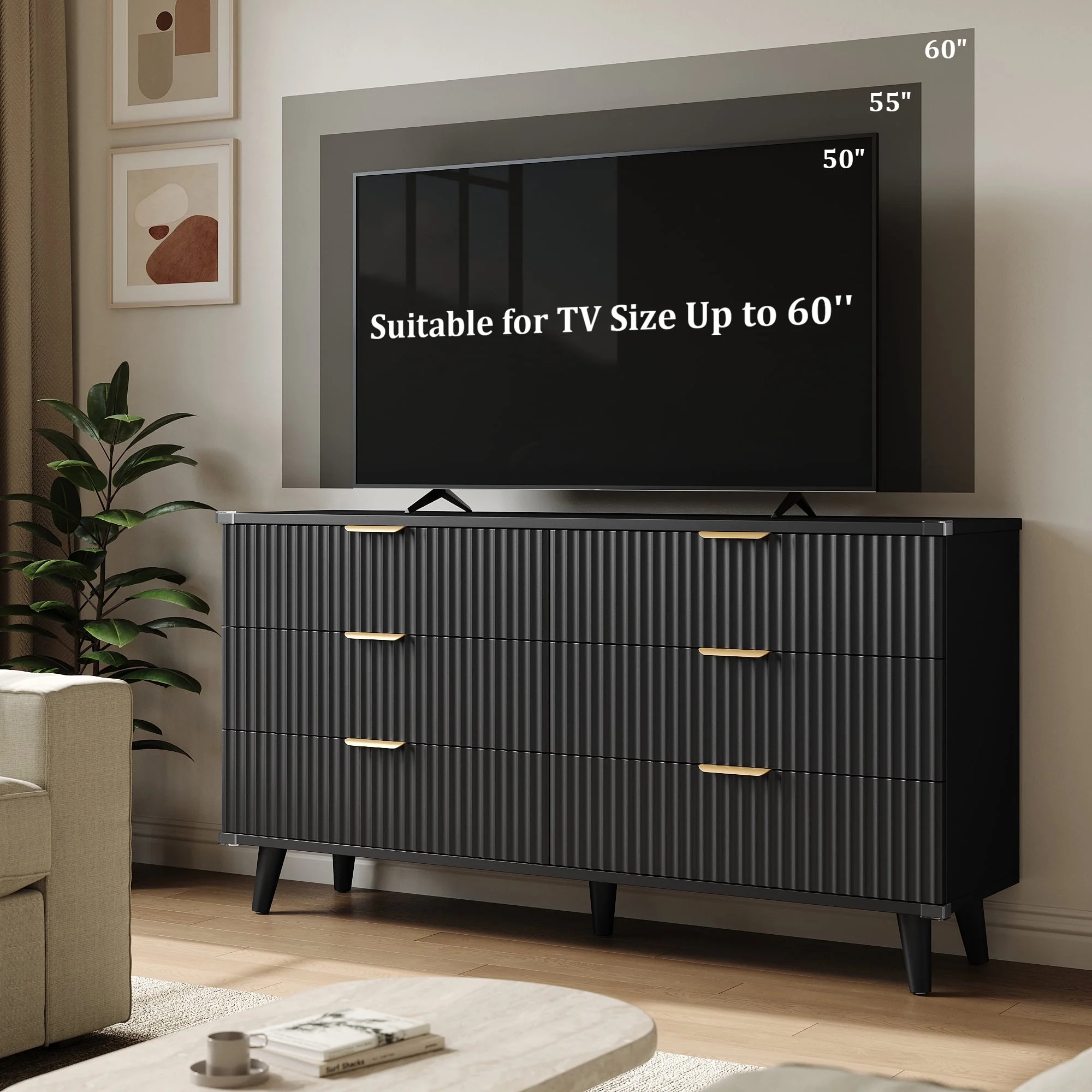Laintene 3-Piece Boho Bedroom Set - 6-Drawer Dresser & 2 Nightstands with 3 Drawers & USB Charging, Fluted Wooden Storage, Modern Dresser & Nightstand Combo, Natural