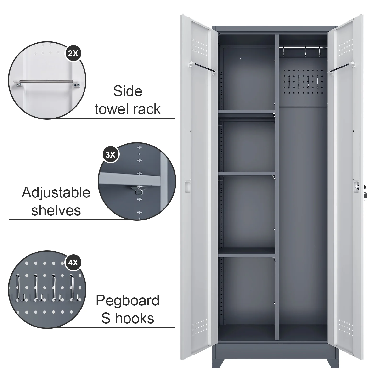 Marcree Broom Closet Storage Cabinet with Lock,65" Tall Garage Storage Cabinet with Hanging Rod,Multifunctional Garage Storage Broom Closet with Doors,Cleaning Tool Cabinet