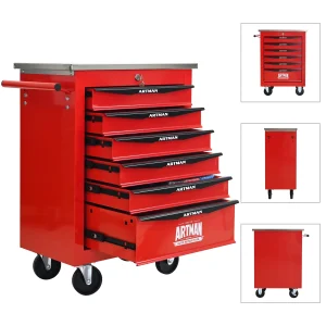 Tool Cabinets 4 Drawers Multifunctional Tool Cart with Wheels,Metal Rolling Tool Cart Storage for Garage Workshop Warehouse Repair Shop--With Stainless Steel Roof- Red&Black,Garage Tool Cabinets