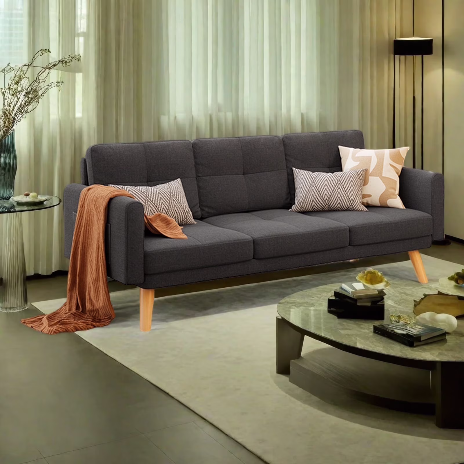 Modern Futon Sofa Bed with 3 Seats and Storage Pocket for Living Room & Office, Dark Gray