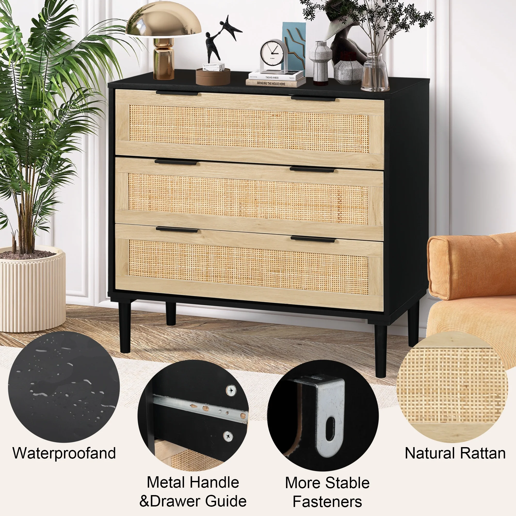 LAZZO 3 Modern Drawer Dresser Rattan, Wooden Dresser Chest of Large Storage Cabinet