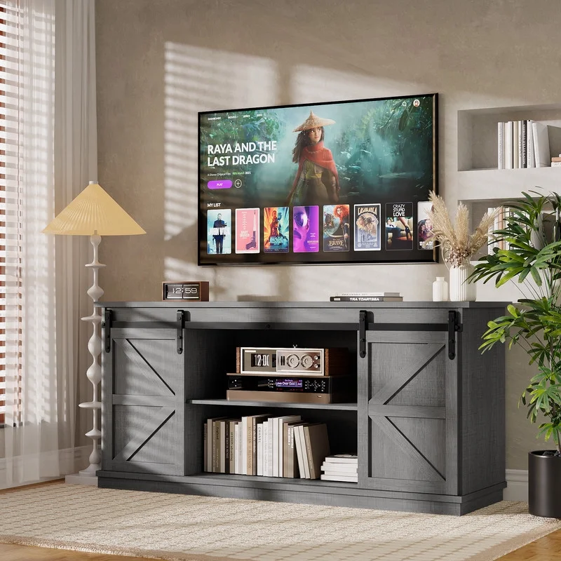 Furmax 65 inch TV Stand Entertainment Center with Sliding Barn Doors and Storage,White