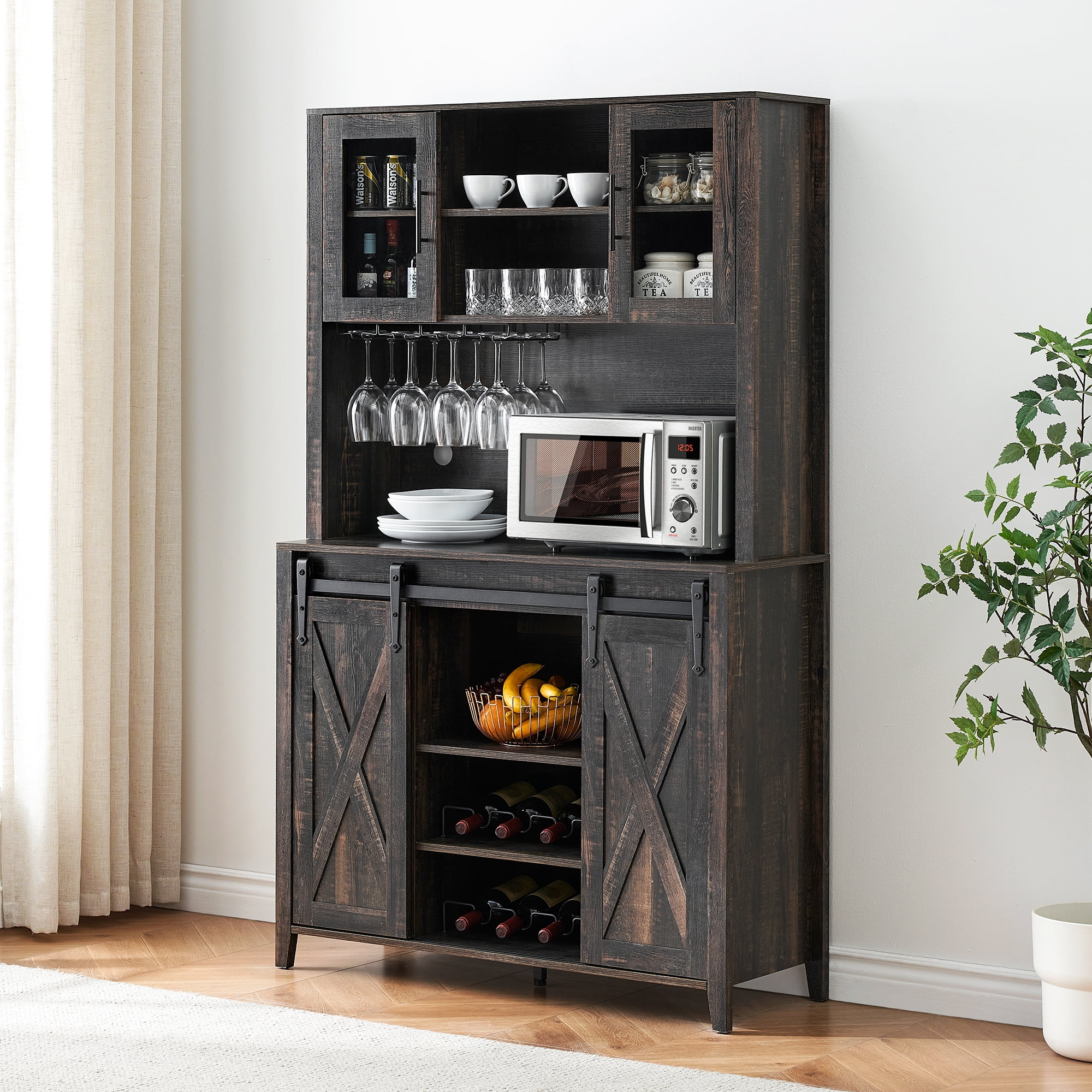 Farmhouse Bar Cabinet with Storage, Kitchen Buffet Cabinet with Sliding Barn Door and 3 Drawers, Coffee Bar with Wine and Glass Rack for Kitchen, Dining Room, White