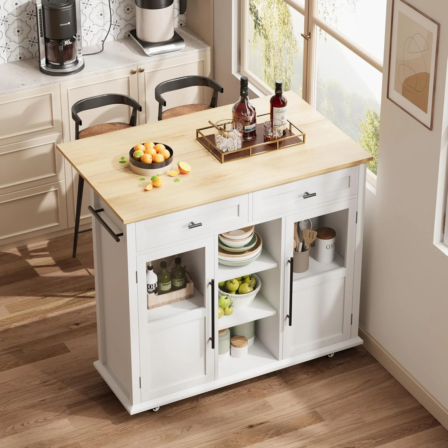WALYWIK Foldable Kitchen Island Cart with Wheels, 2 Glass Doors, Spice Rack & Towel Holder -C Compact Mobile Storage Cart for Small Kitchens, Dining Rooms, Camping & RVs - Grey
