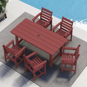SERWALL 7-Piece Patio Table Set, Outdoor HDPE Dining Furniture with Umbrella Hole, All Weather Table and Chairs for Lawn, Garden, Poolside, Aruba