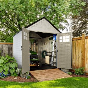 Rubbermaid Resin Outdoor Storage Shed With Floor Weather Resistant Gray Organization for Home