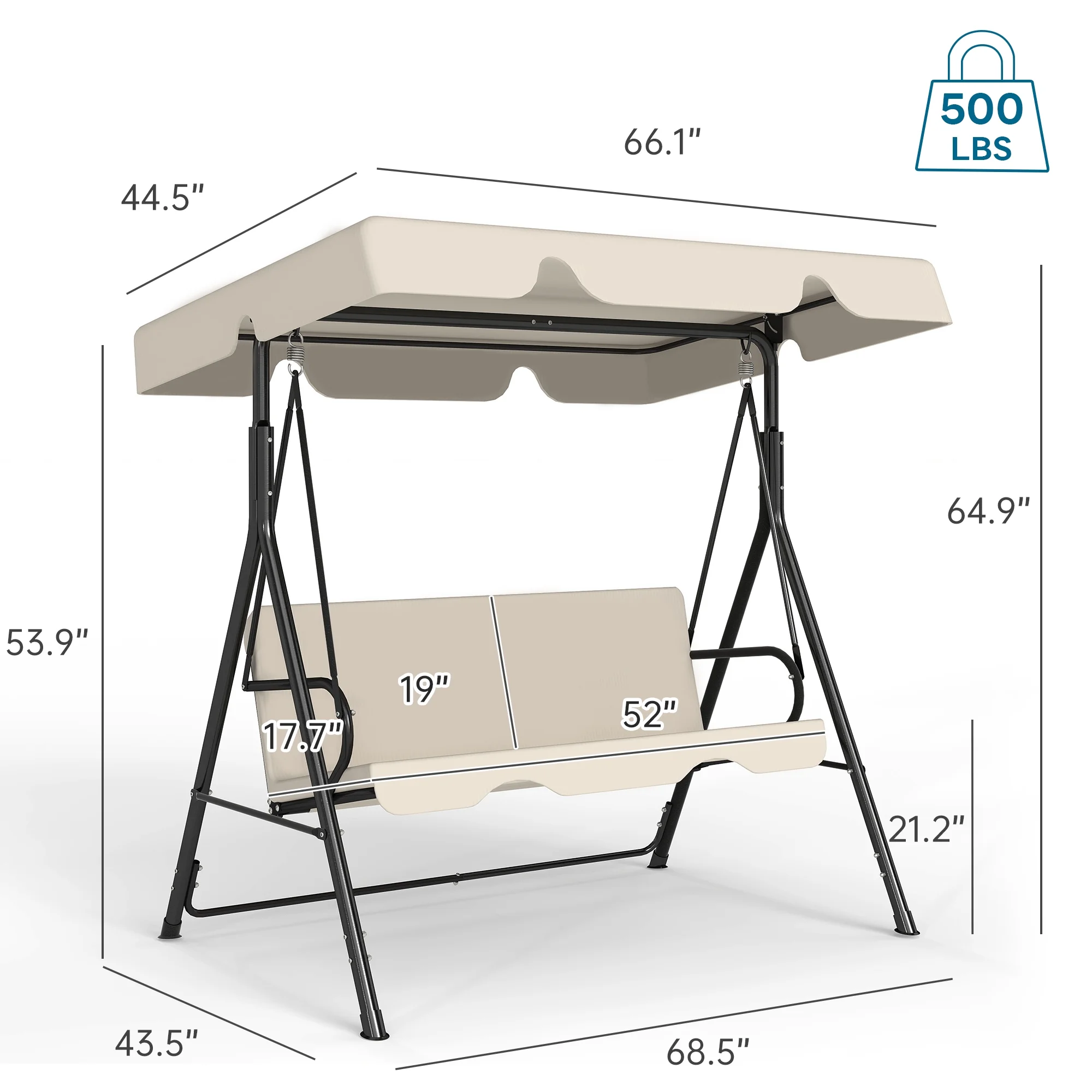 Melocadol 3 Seats Outdoor Porch Swing Glider, Patio Swing Chair with All Weather Covered Canopy and Rust Proof Heavy Duty Stand, for Garden, Lawn, or Backyard, Black