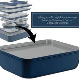 Nonstick Stackable Bakeware Set - Durable, Easy Release Baking Set, Denim, 13 Pcs