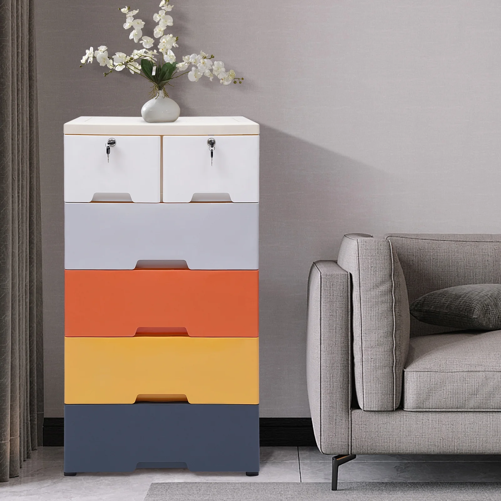 Peakora Multi-color Storage Cabinet with 6 Drawers, Closet Drawers with Two Drawers with Locks, Tall Dresser Organizer for Clothes, Playroom, Bedroom Furniture