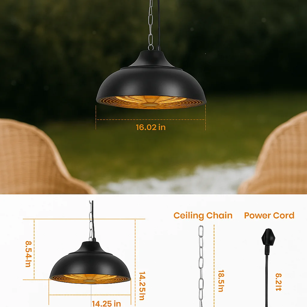Advwin Outdoor Patio Heater,1500W Electric Hanging Patio Heater 3S Fast Heating,Ceiling Mounted Heater for Balcony,Courtyard, Garage,Overheat & Tip-Over Protection 3 Adjustable Modes,IP55 Waterproof