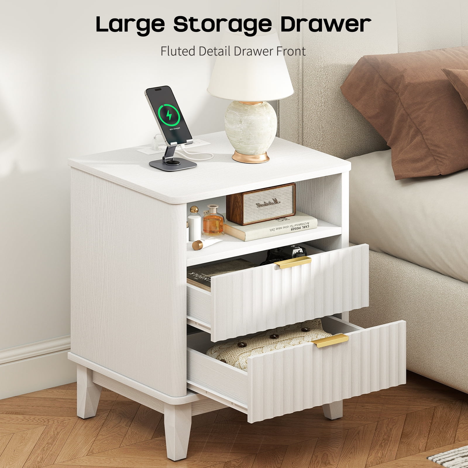 Night Stand with Charger Station, Fluted Nightstand with 2 Drawers and Storage Shelf, Mid Century Modern End Table for Bedroom Living Room,Natural