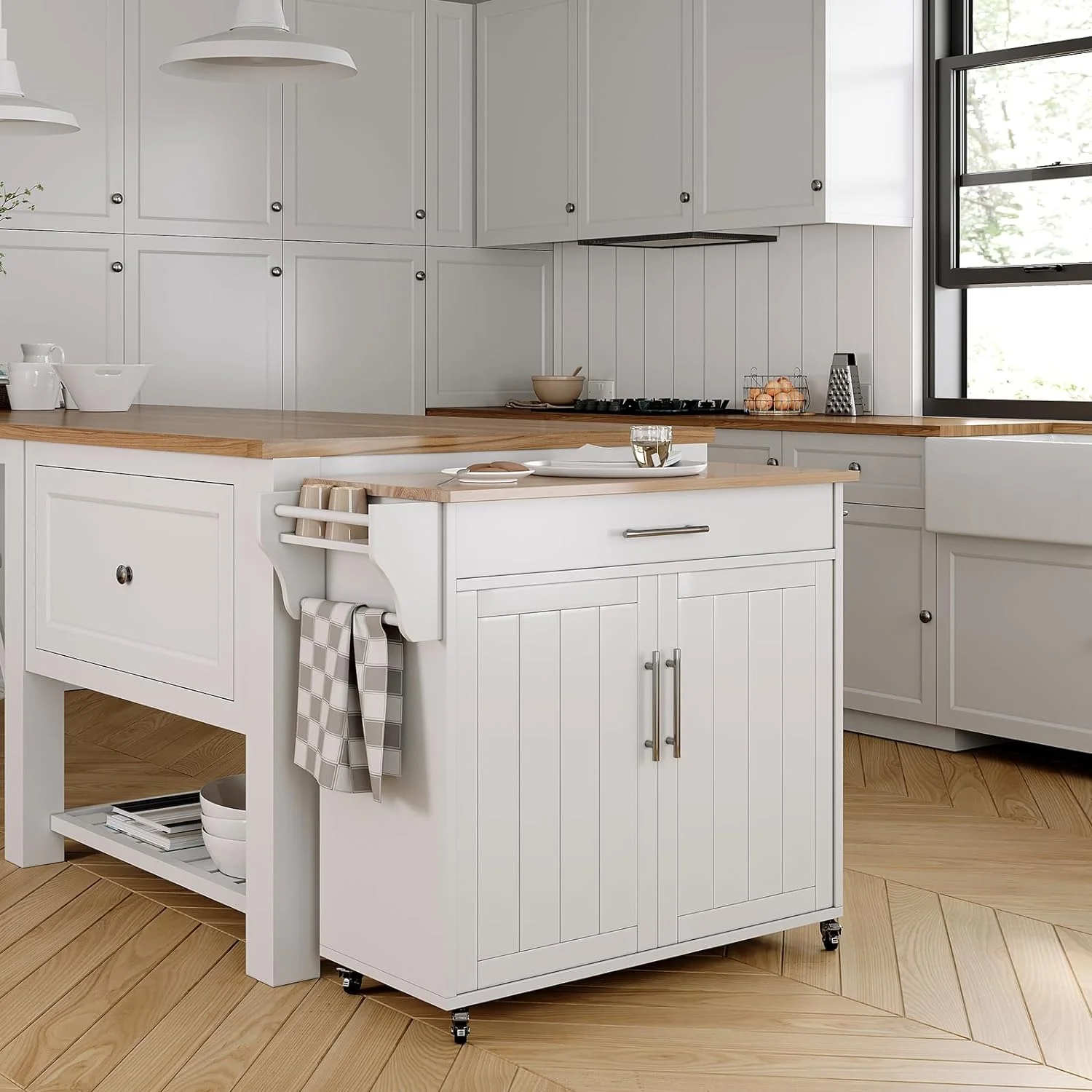Soscana Kitchen Island Storage,Rolling Kitchen Island with Wheels,Kitchen Cart with Storage Rack & Drawer,Solid Wood Countertop,Kitchen Kitchenware Storage Rack Operation Console,White