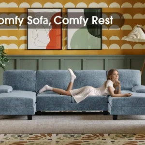 Furmax Sectional Couches for Living Room, U-Shaped Sofa Couch with Linen Fabric, 4 Seat Sofa Set with Double Chaise for Apartment (Fabric, Grey)