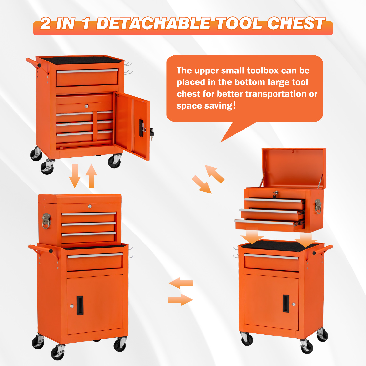 AECOJOY 8-Drawer Rolling Tool Chest, Large Tool Cabinet with Universal Lockable Wheels, Detachable Toolbox Storage for Garage, Repair Shop, Workshop, Black
