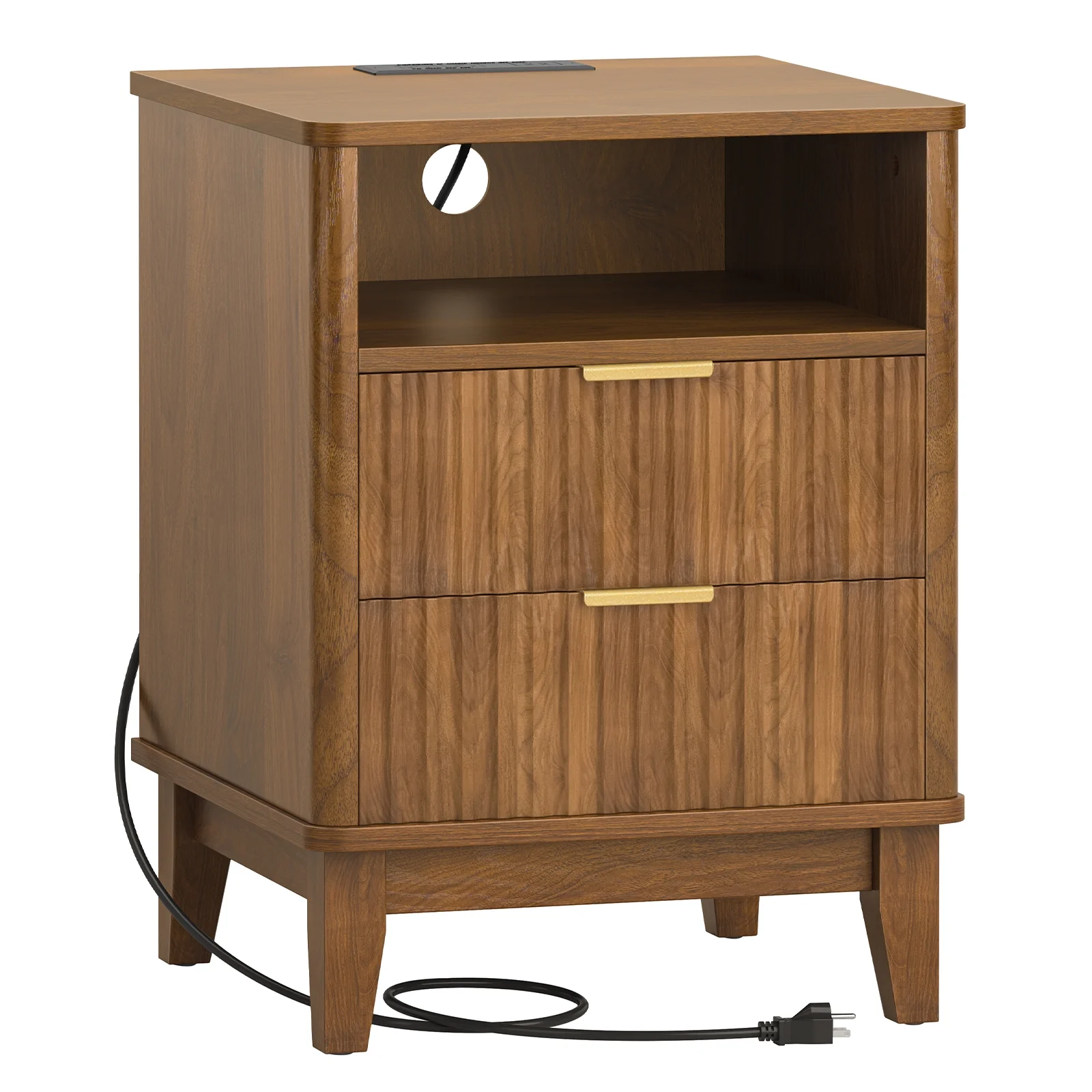 Night Stand with Charger Station, Fluted Nightstand with 2 Drawers and Storage Shelf, Mid Century Modern End Table for Bedroom Living Room,Natural