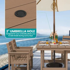 SERWALL 7-Piece Patio Table Set, Outdoor HDPE Dining Furniture with Umbrella Hole, All Weather Table and Chairs for Lawn, Garden, Poolside, Aruba