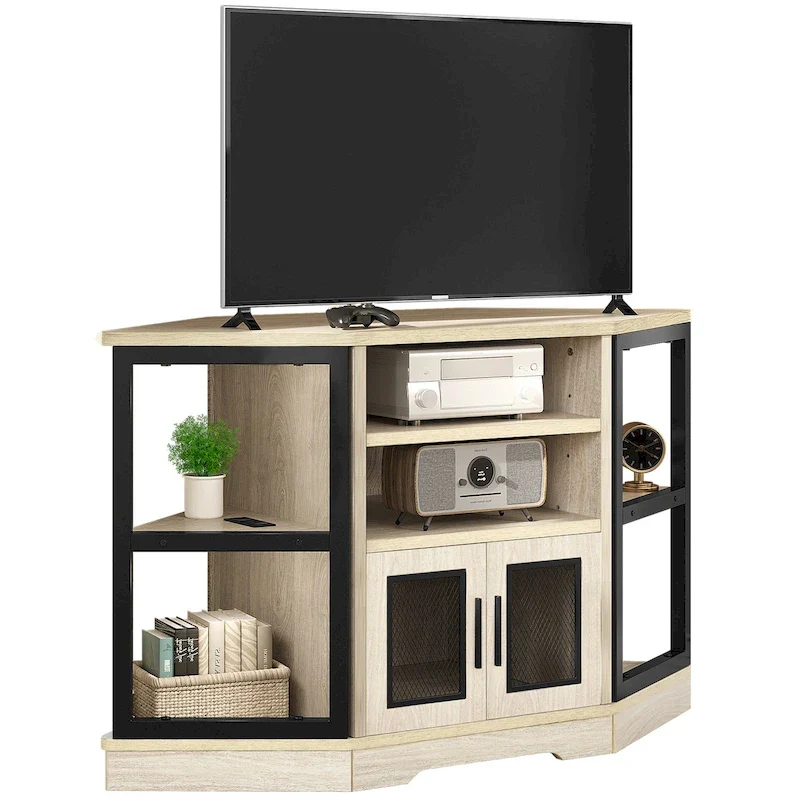 Farmhouse Corner TV Stand Entertainment Center Media Console for TVs up to 55 with Power Outlet