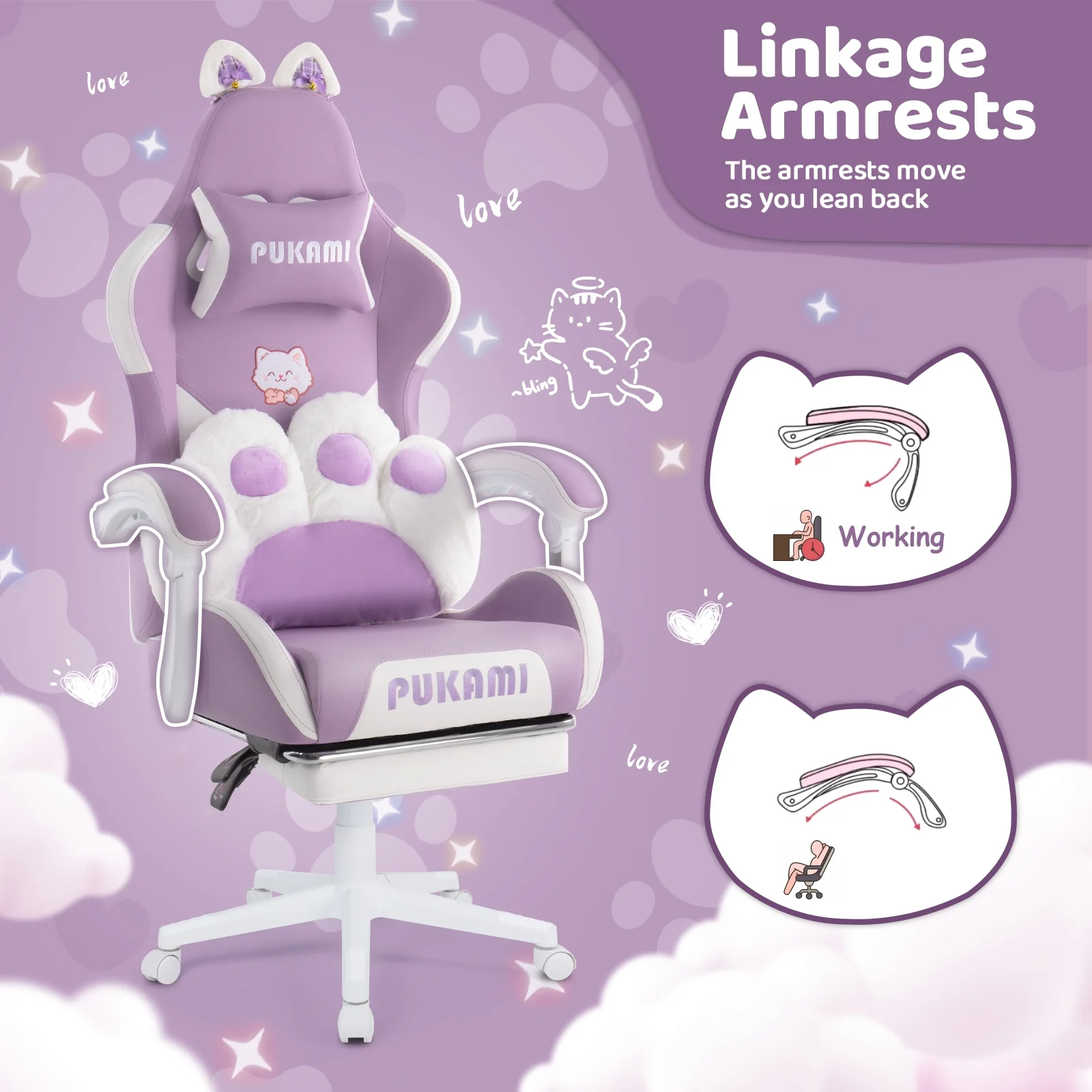 Waleaf Pink Gaming Chair with Cat Paw Lumbar Cushion and Cat Ears for Girls, Reclining Office Computer Chair with Footrest for Adults, Teens
