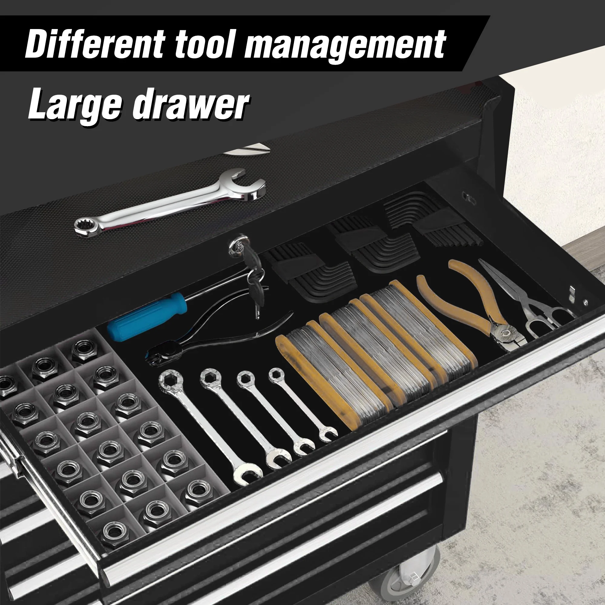 Tool Chest on Wheels, 5-Drawer Rolling Tool Box with Workbench Top, Multifunctional Tool Storage Organizer for Garage, Warehouse, Workshop