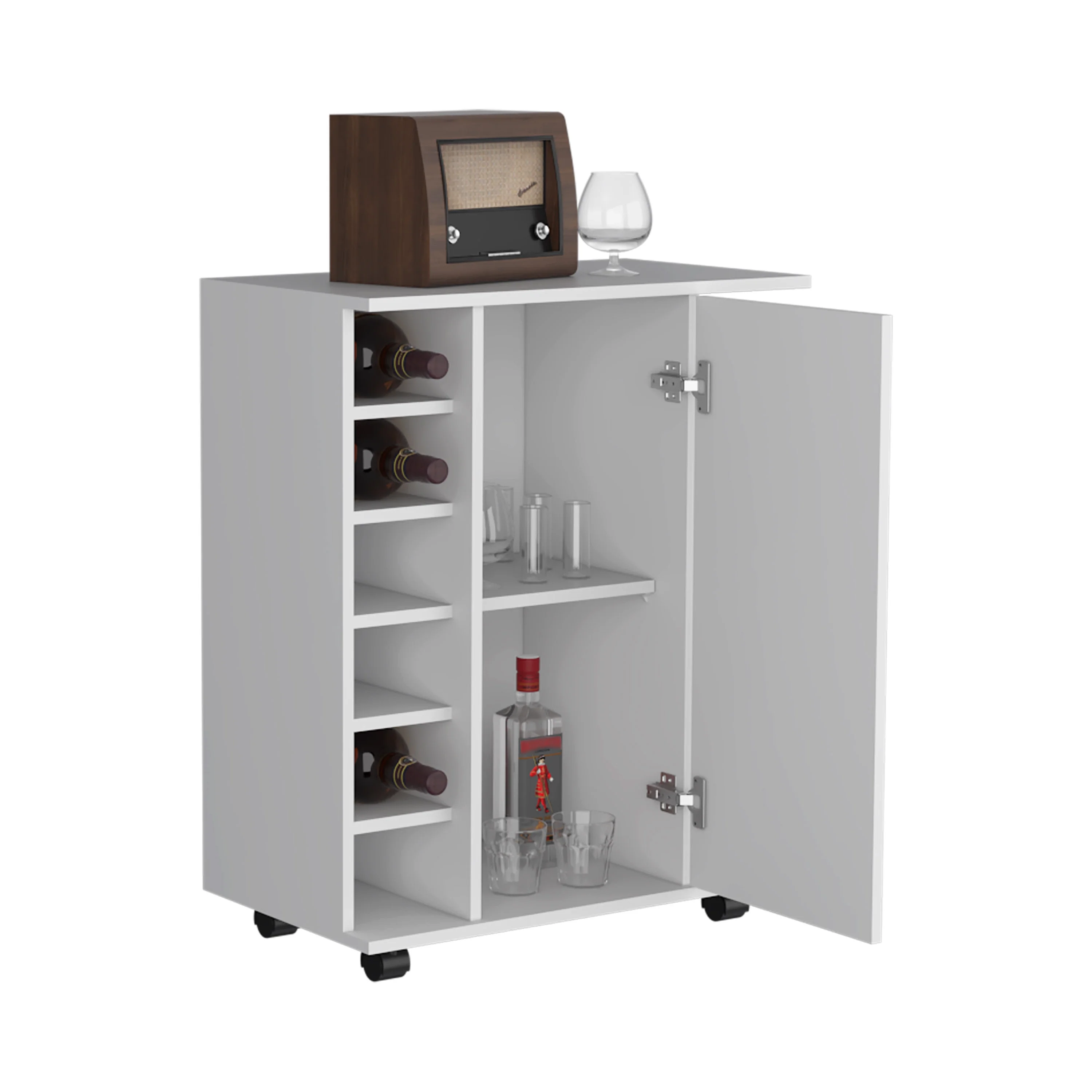 Royard Oaktree Modern Coffee Bar Cabinet wit Wheels, Home Bar Cart with Door, 6-bottle Wine Rack, and Storage Shelves, Small Wine Bar Cabinet for Kitchen, Living Room, Dining Room, White