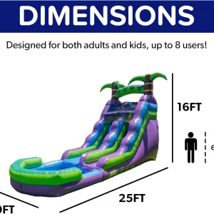 HeroKiddo 16' Purple Tropical Lightweight Premium Commercial Grade Water Slide Inflatable with Attached Pool for Kids and Adults (with Blower), Wet Dry Use, Summer Fun