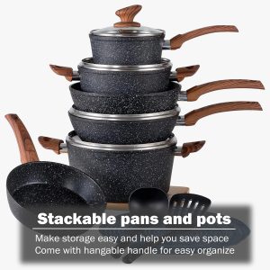 Kitchen Academy Induction Cookware Sets - 12 Piece Green Cooking Pan Set, Granite Nonstick Pots and Pans Set