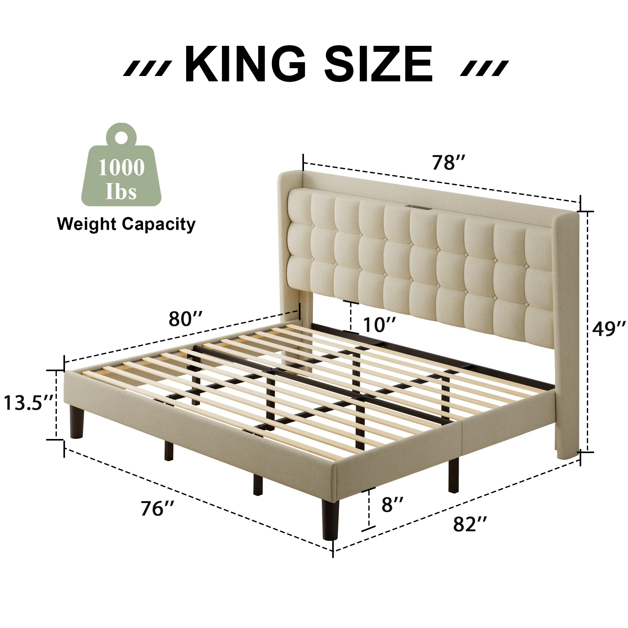 ipormis Full Size Bed Frame with Charging Station-Upholstered Platform Bed Frame with Wingback Storage Headboard, No Box Spring Needed,Light Grey