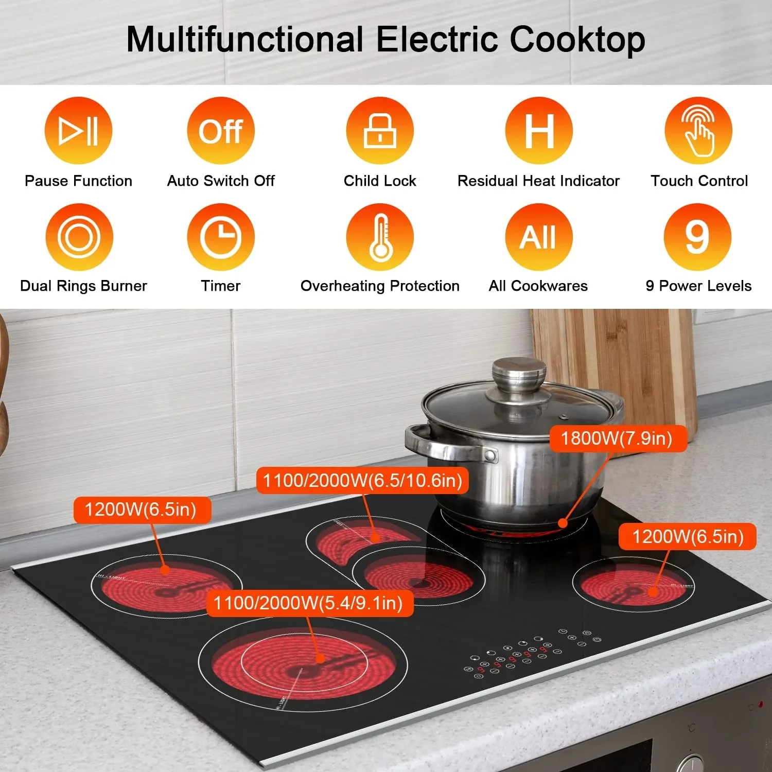 Karinear 8400W 30 Inch Electric Cooktop 5 Burners Ceramic Cooktop, 220-240V, Hard Wire, No Plug