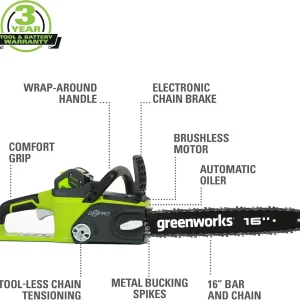 Greenworks 40V 16" Brushless Cordless Chainsaw, 4.0Ah Battery and Charger Included